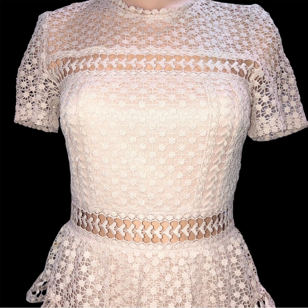 Aqua Blush Pink Boho Crochet Lace Dress Short Sleeve Tiered Ruffle Skirt Women S - Picture 6 of 8